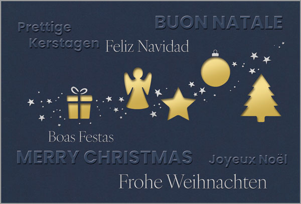 Dunkelblaue Weihnachtskarte "Weltenbote in blau" mit internationalen Grüßen, Prägung und Formstanzung, Einleger gold