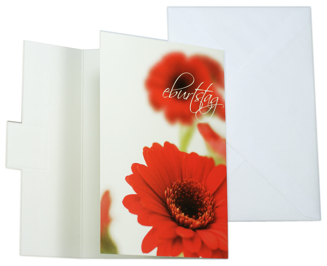 Aufgeklappte Ansicht der Glückwunschkarte zum Geburtstag in rot mit Blumen-Blüten und Goldfolienprägung
