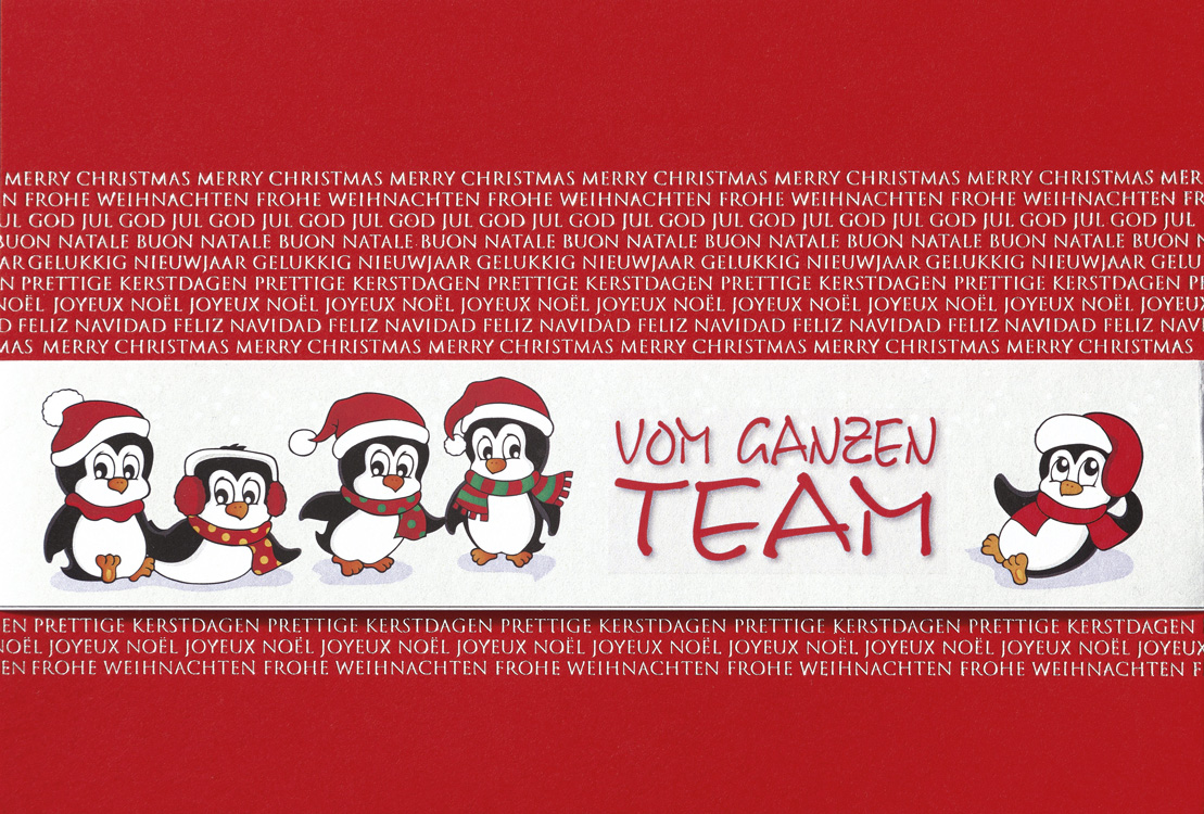 Lustige Weihnachtskarte rot mit Pinguinen auf einer Banderole
