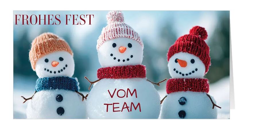 Originelle Firmenweihnachtskarte "Winter-Trio" mit Teamgruß und fröhlichen Schneemännern, DIN lang