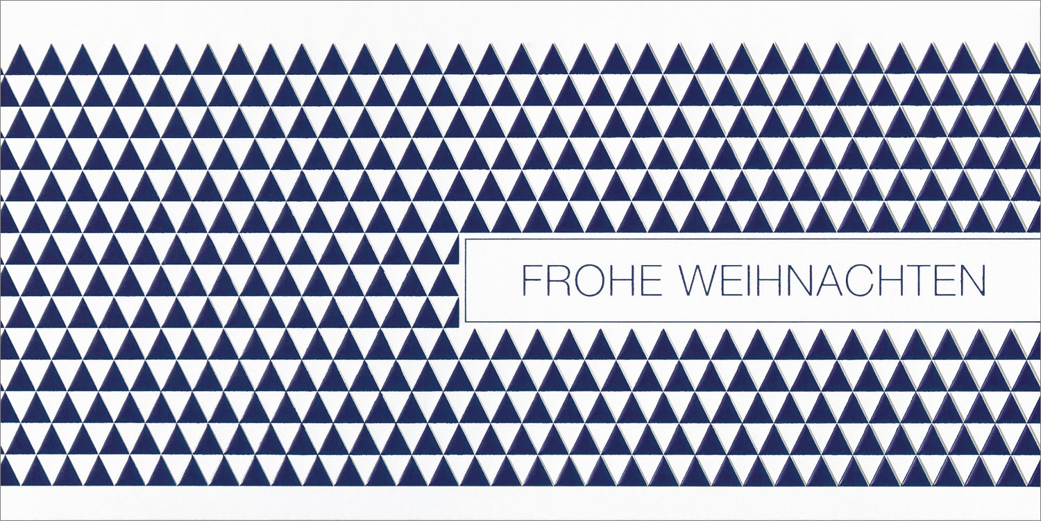 Weihnachtskarte weiß dunkelblau Muster aus Dreiecken mit Text Frohe Weihnachten