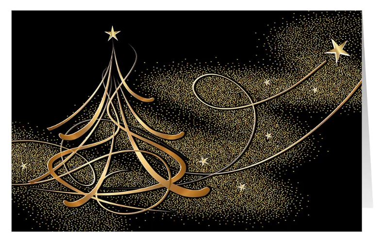 Elegante Spendenweihnachtskarte "Sternenwirbel" mit goldenem Baum und Sternen, ohne Gruß für Ärzte ohne Grenzen