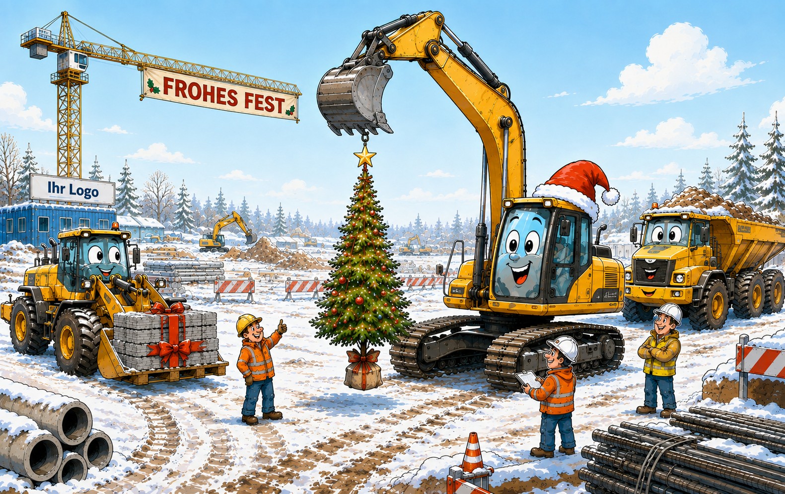 Weihnachtskarte für die Baubranche mit Tiefbau Baustelle im Winter und  Gruß "Frohes Fest" - Individuell mit Firmenlogo gestalten.