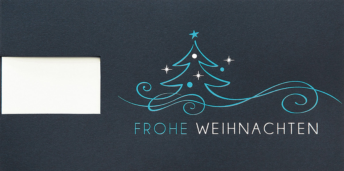 Weihnachtskarte nachtblau mit Baum und Fenster für Firmenlogo