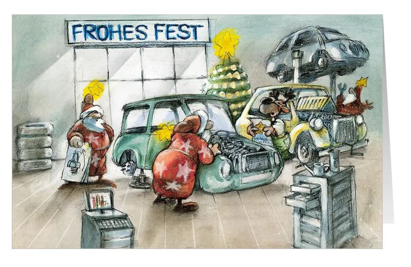 Detailreiche Branchen-Weihnachtskarte "Festlicher Rundum-Service" für KFZ-Reparatur, TÜV- und Prüfstellen, Autowerkstatt