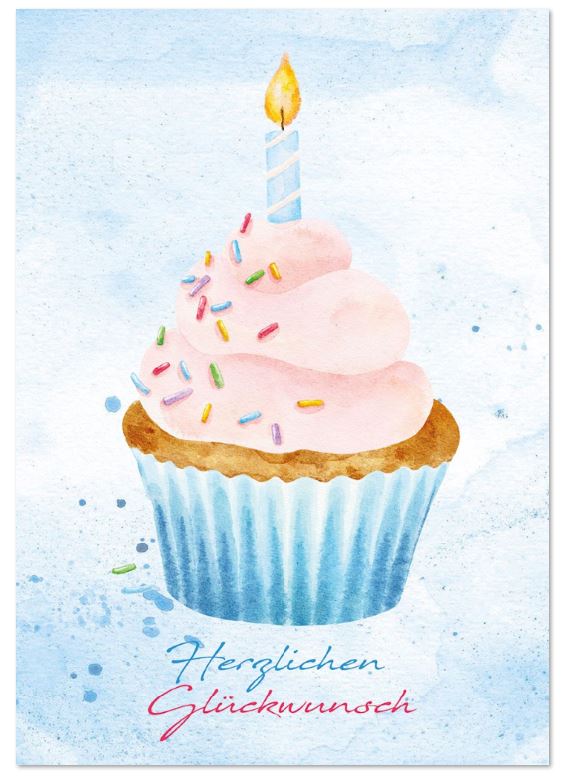 Glückwunschkarte "Süßer Gruß" mit leckerem Cupcake, kleiner Kerze und Herzlichen Glückwunsch