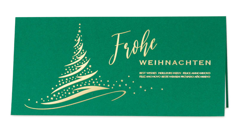 Grüne Weihnachtskarte mit Spendenanteil zugunsten Aktion Deutschland Hilft und Goldfolienprägung