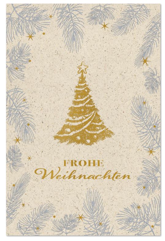 Rustikale Weihnachtskarte "Kiefernduft" in hellbraun mit Weihnachtsgruß und goldenem Christbaum im Foliendruck