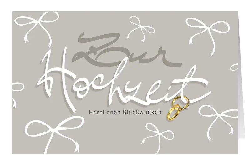 Glückwunschkarte zur Vermählung "Verbundenheit" mit goldenen Ringen und aufgedruckten weißen Schleifen