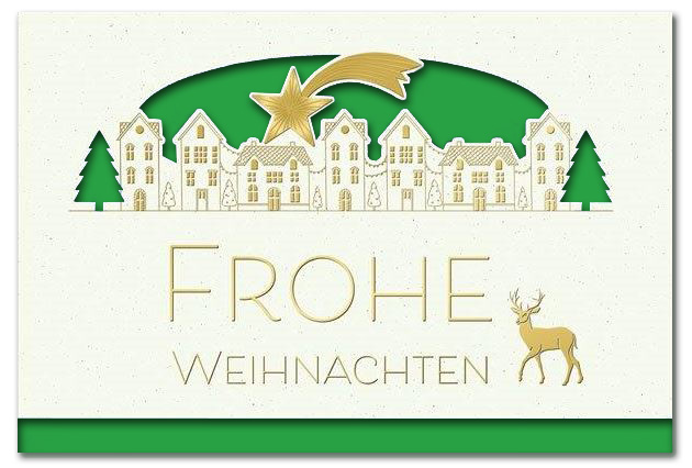 Weiße Festtagskarte "Weihnachtszauber" mit Formstanzung, Goldprägung und Einlegeblatt in grün