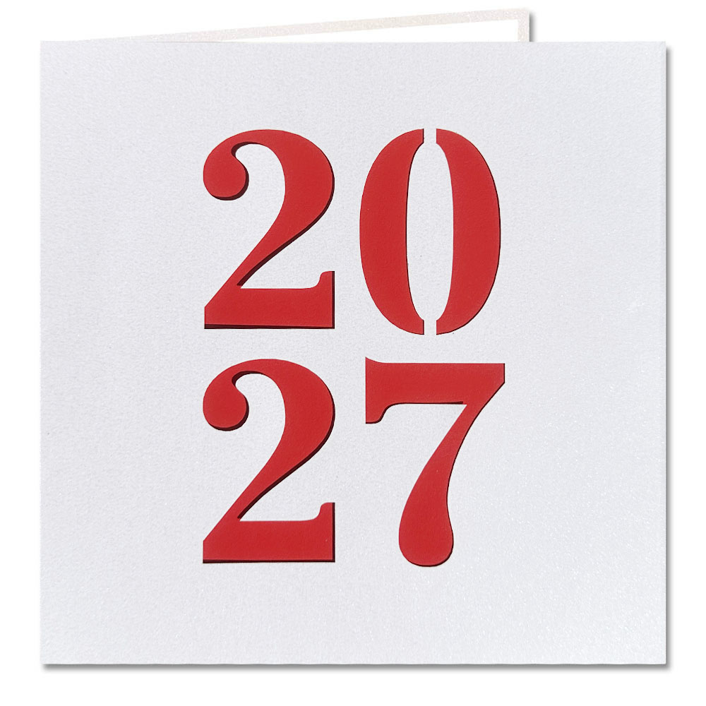 Weiße Metallic-Neujahrskarte mit Jahreszahl 2027 Stanzung und rotem Einlegeblatt