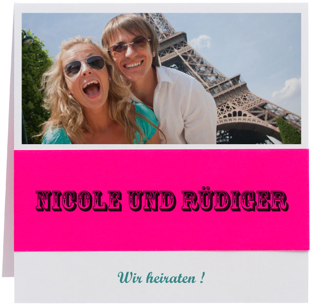 Blankokarte 14,8x14,8 cm weiß Klappkarte mit neon pink Banderole - Beispiel Hochzeit