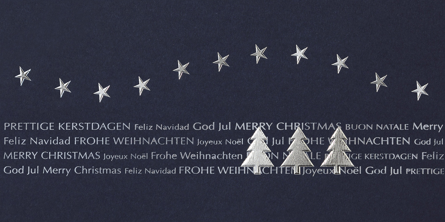 Weihnachtskarte nachtblau mit Weihnachtsbäumen und Sternen