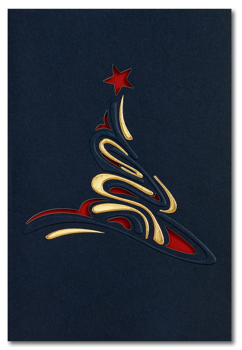 Weihnachtskarte nachtblau mit abstraktem Weihnachtsbaum dunkelrot