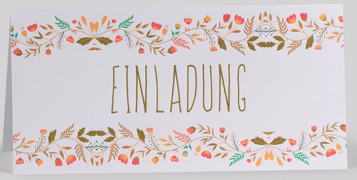 Einladungskarte für viele Anlässe im floralen Design mit Schriftzug "EINLADUNG" in grün, DIN lang