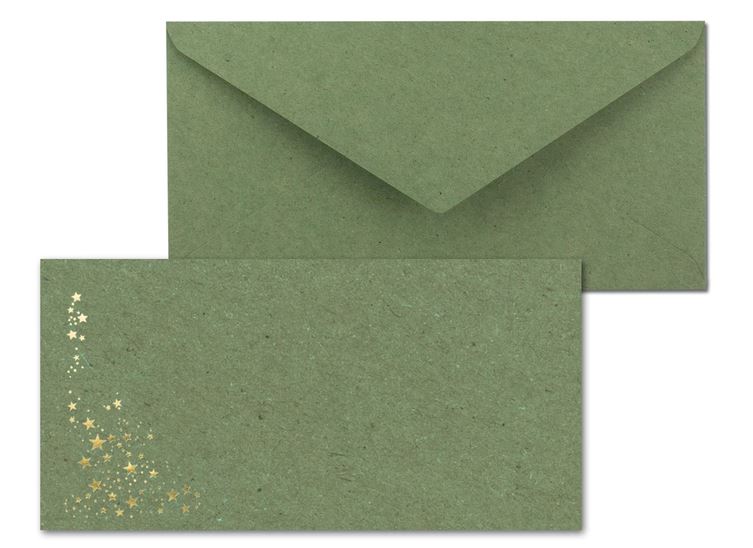 Weihnachts-Briefumschlag grün aus Kraftpapier mit goldenen Sternen, nassklebend, ohne Fenster, DIN lang