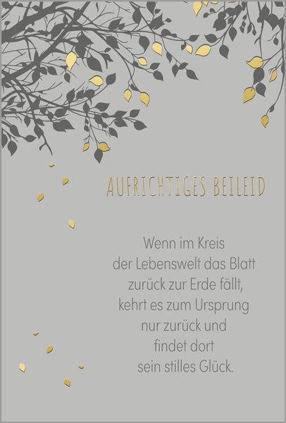 Würdevolle Kondolenzkarte "Stille Rückkehr" mit Goldfoliendruck, filigranen Zweigen und Blättern, inkl. Einleger innen