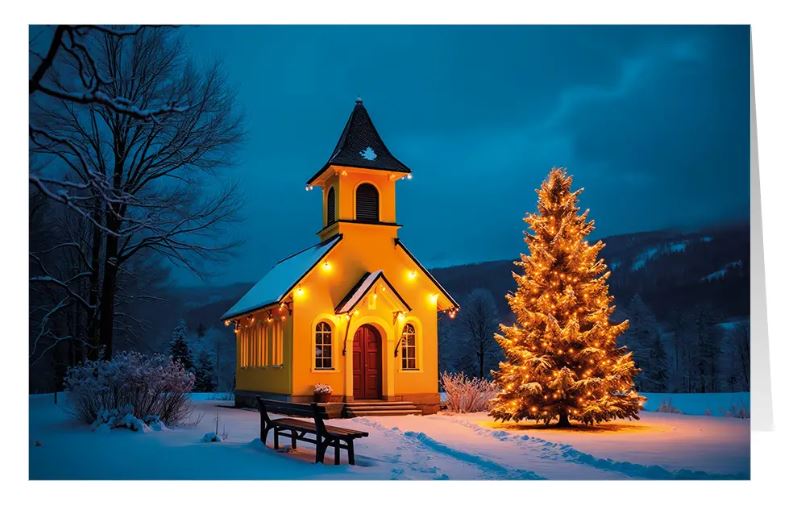 Winterliche Naturlandschaftskarte "Stille Nacht" mit einer Kirche im Schnee und leuchtendem Weihnachtsbaum