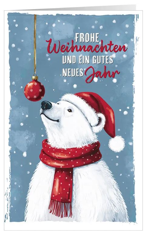 Putzige Spendenkarte "Drolliger Bärengruß" mit Eisbär, Weihnachtskugel und Gruß zugunsten Ärzte ohne Grenzen