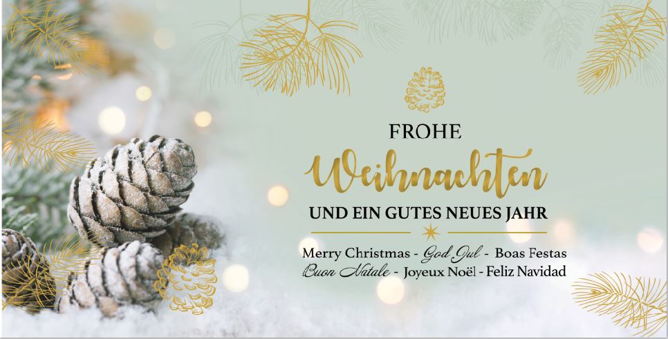 Mehrsprachige Weihnachtskarte DIN lang mit Goldfolienprägung, Motiv: Tannenzapfen im Schnee