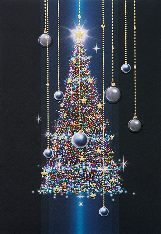 Weihnachtskarte mit Weihnachtsbaum, Weihnachtskugeln und Sternen