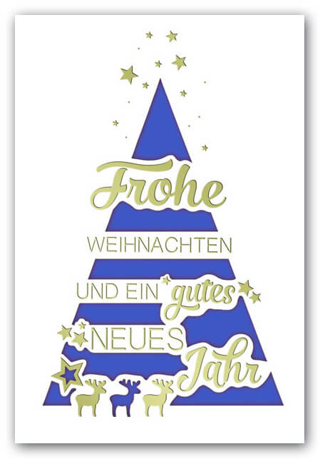 Weihnachtskarte weiss mit blauem Falteinleger, Goldfolienprägung und Stanzung
