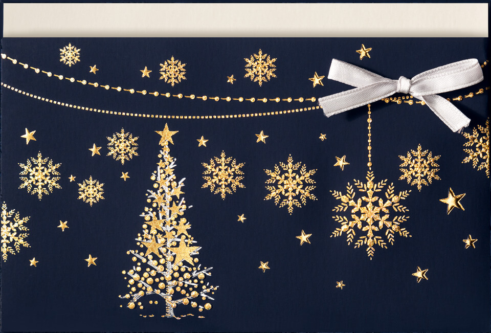 Weihnachtskarte nachtblau mit edler Folienprägung, Schleife und Einsteckkarte
