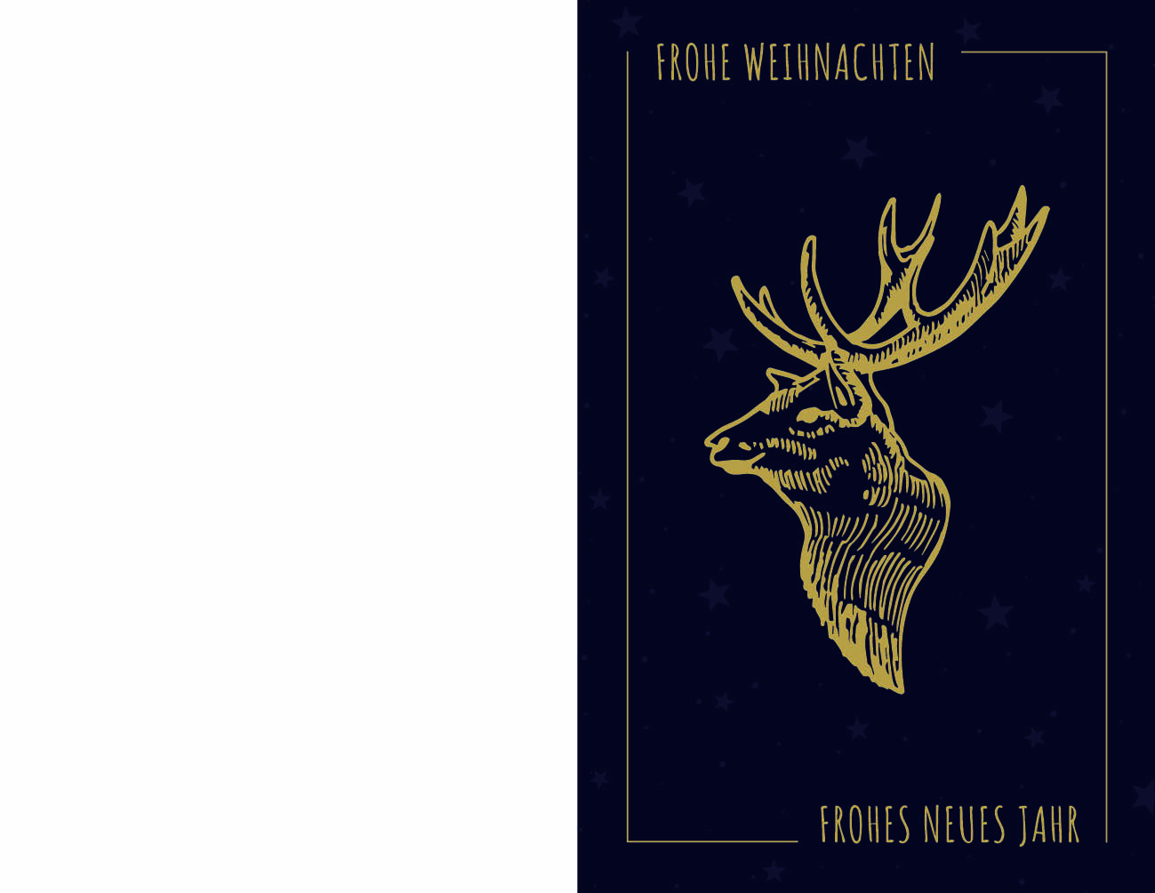 Elegante Weihnachtskarte in nachtblau "Golden Deer" mit goldfarbenem Hirschmotiv und Sternenhintergrund sowie deutschsprachigem Gruß