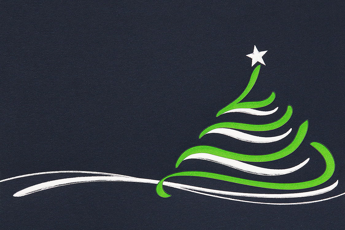 Weihnachtskarte nachtblau mit Weihnachtsbaum silber / grün