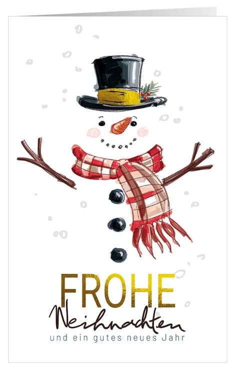 Fröhliche Weihnachtskarte "Winterfreude" mit freundlichem Schneemann und weihnachtlichen Grüßen