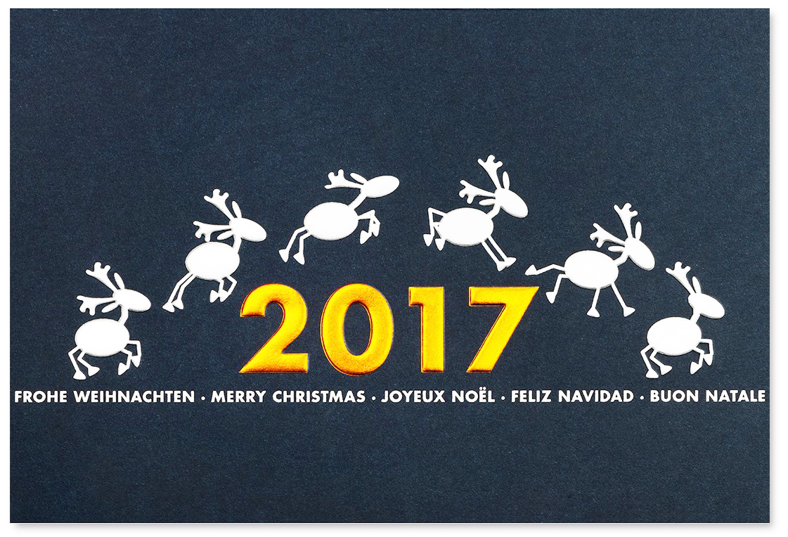 Festtagskarte nachtblau Frohe Weihnachten mit Rentieren und Jahreszahl 2017