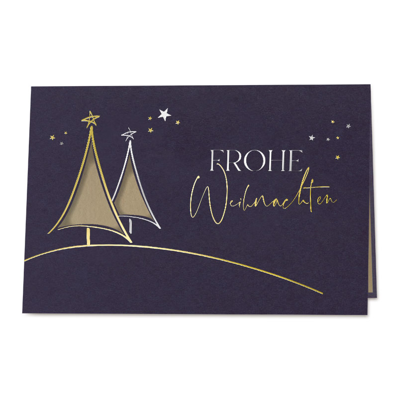 Dunkelblaue Weihnachtskarte mit ausgestanzten Tannenbäumen, Foliendruck und Einlegeblatt in gold