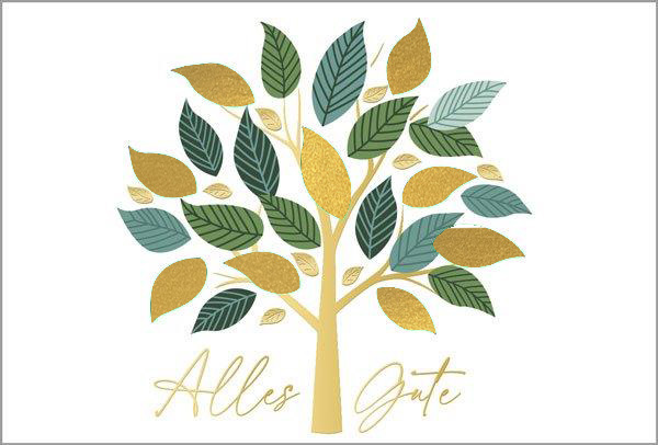 Weiße Glückwunschkarte "Lebensbaum" mit Stanzung, Goldfolienprägung und Einlegeblatt in gold