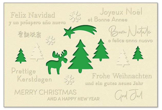 Hellbeige Weihnachtskarte "Elchgruß" mit Formstanzung und fühlbarer Blindprägung, mehrsprachig, Einleger hellgrün