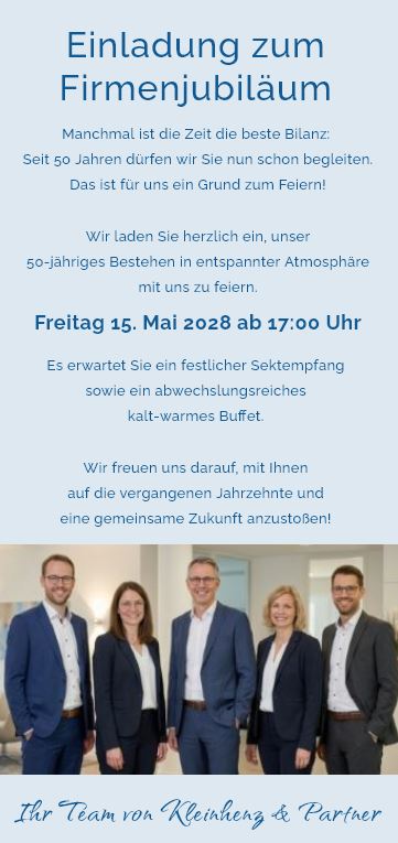 Geschäftliche Einladungskarte zum Firmenjubiläum mit eigenen Bildern und freier Textgestaltung als Einzelkarte DIN lang