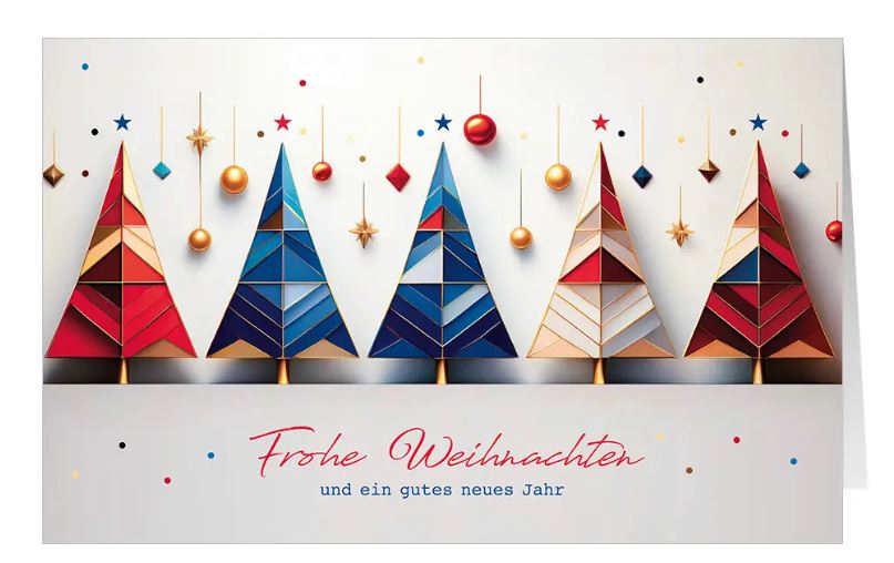 Moderne Weihnachtskarte "Baumdesign" im farbenfrohen Design mit Tannenbäumen, Kugeln und kleine Sternen