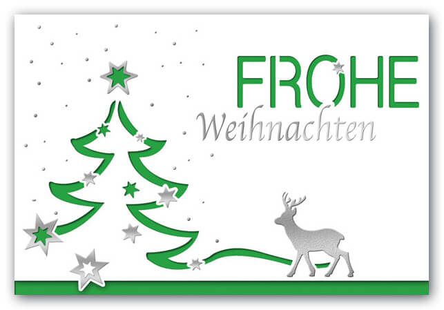 Weihnachtskarte in weiss mit grünem Falteinleger, Baumstanzung und Gruß "Frohe Weihnachten"