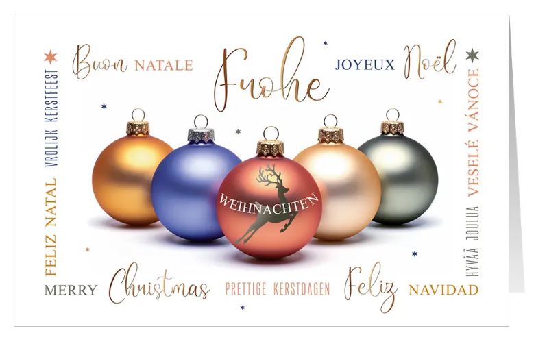 Mehrsprachige Weihnachtskarte "Grenzenlose Grüße" mit bunten Christbaumkugeln
