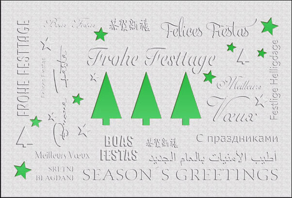 Weihnachtskarte mit Sternen und Weihnachtsbäumen und grünem Einleger