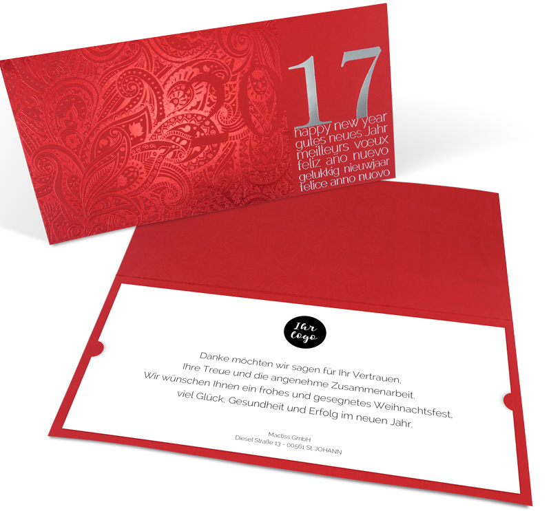 Neujahrskarte rot mit rotem Ornament international mit silberner Jahreszahl 2017