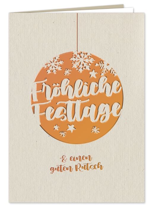 Weihnachtskarte aus graubraunem Naturkarton "Glanzvolle Kugel" mit rosegoldener Folienprägung, inkl. Einleger in weiß