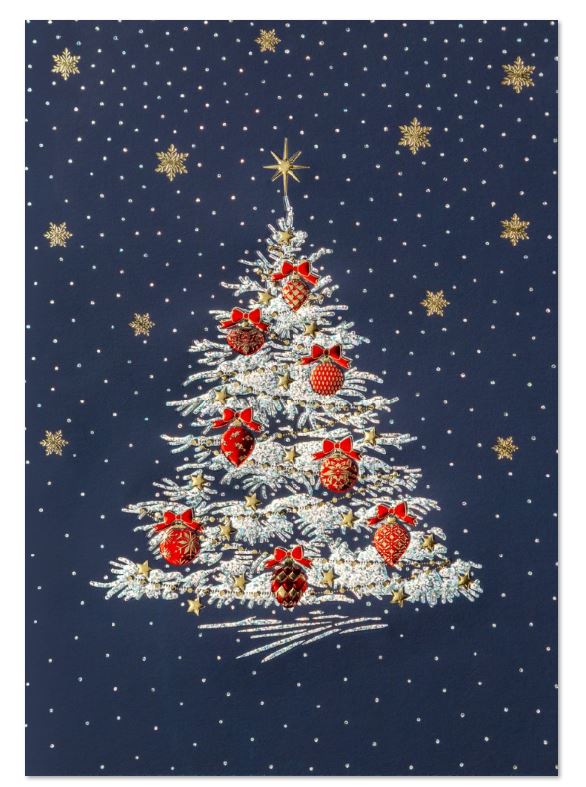 Edle Weihnachtskarte "Glanzvoller Baum" blau mit festlichem Weihnachtsbaum in edler Prägung, ohne Gruß, inkl. Einlegeblatt