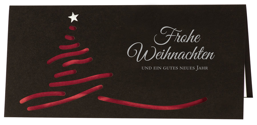 Weihnachtskarte schwarz mit gestanztem Weihnachtsbaum rot