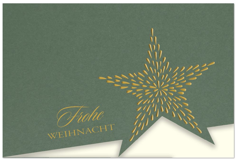 Grüne Weihnachtskarte mit Formstanzung, goldenem Stern und "Frohe Weihnachten" inkl. Falteinleger innen