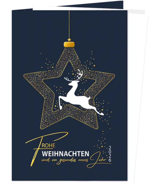 Edle Weihnachtskarte "Hirschglück" mit Weiß- und Goldfolienprägung, Motiv: Springender Hirsch in goldenem Stern