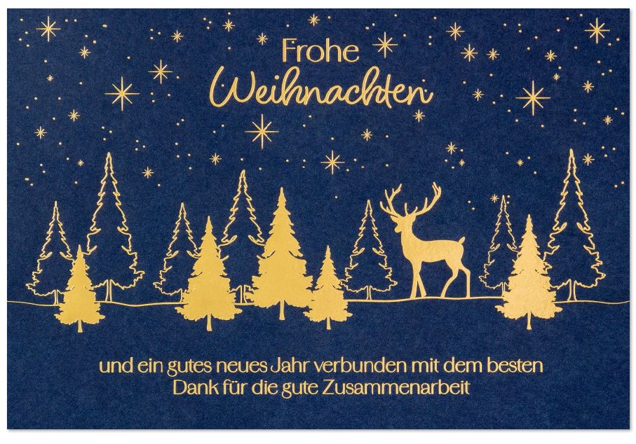 Firmen-Spendenweihnachtskarte in blau mit Goldfolienprägung von Tannen und Hirsch zugunsten: Deutsche Krebshilfe