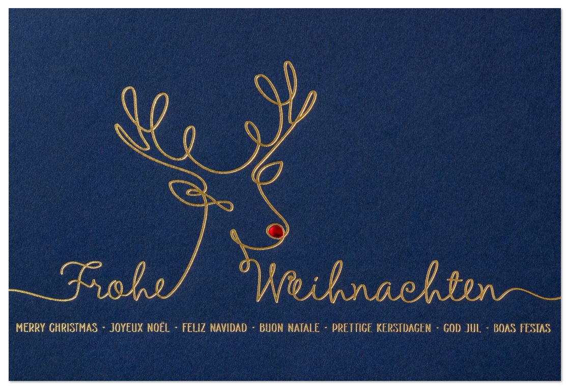 Internationale Weihnachtskarte in Dunkelblau "Rudolph" mit Gold- und Rotfolienprägung