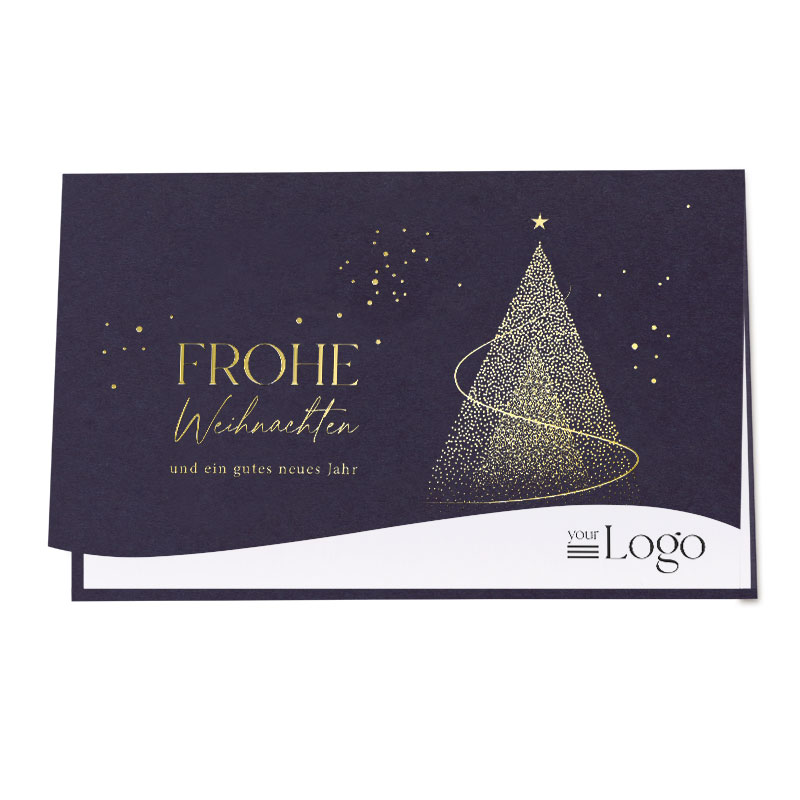 Firmen-Logo Weihnachtskarte in dunkelblau mit Goldfolienprägung von Baum und Weihnachtsgruß, inkl. Einleger