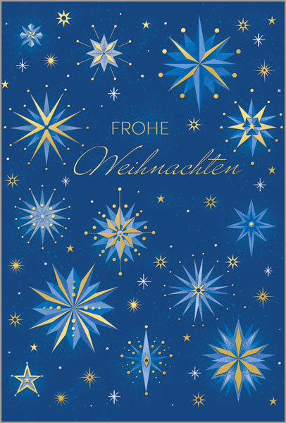 Blaue Weihnachtskarte "Sternenzauber" mit weicher Soft-Touch Oberfläche und Goldfolienprägung