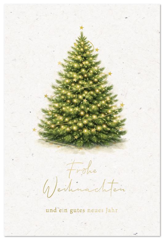 Klassische Weihnachtskarte mit leuchtendem Weihnachtsbaum und Gruß in edler Goldfolienprägung
